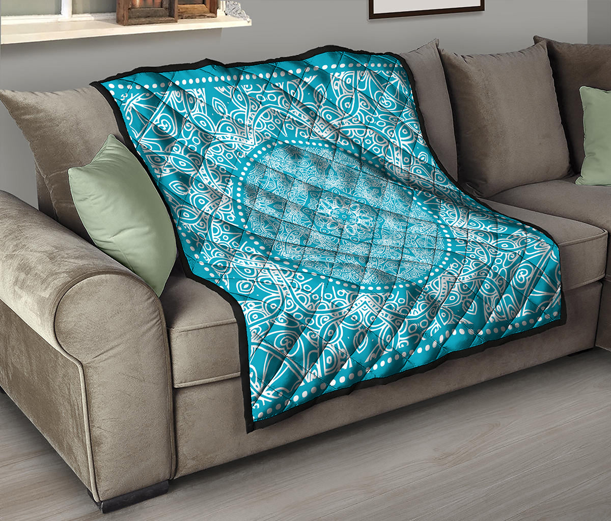 Teal And White Mandala Print Quilt