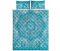 Teal And White Mandala Print Quilt Bed Set