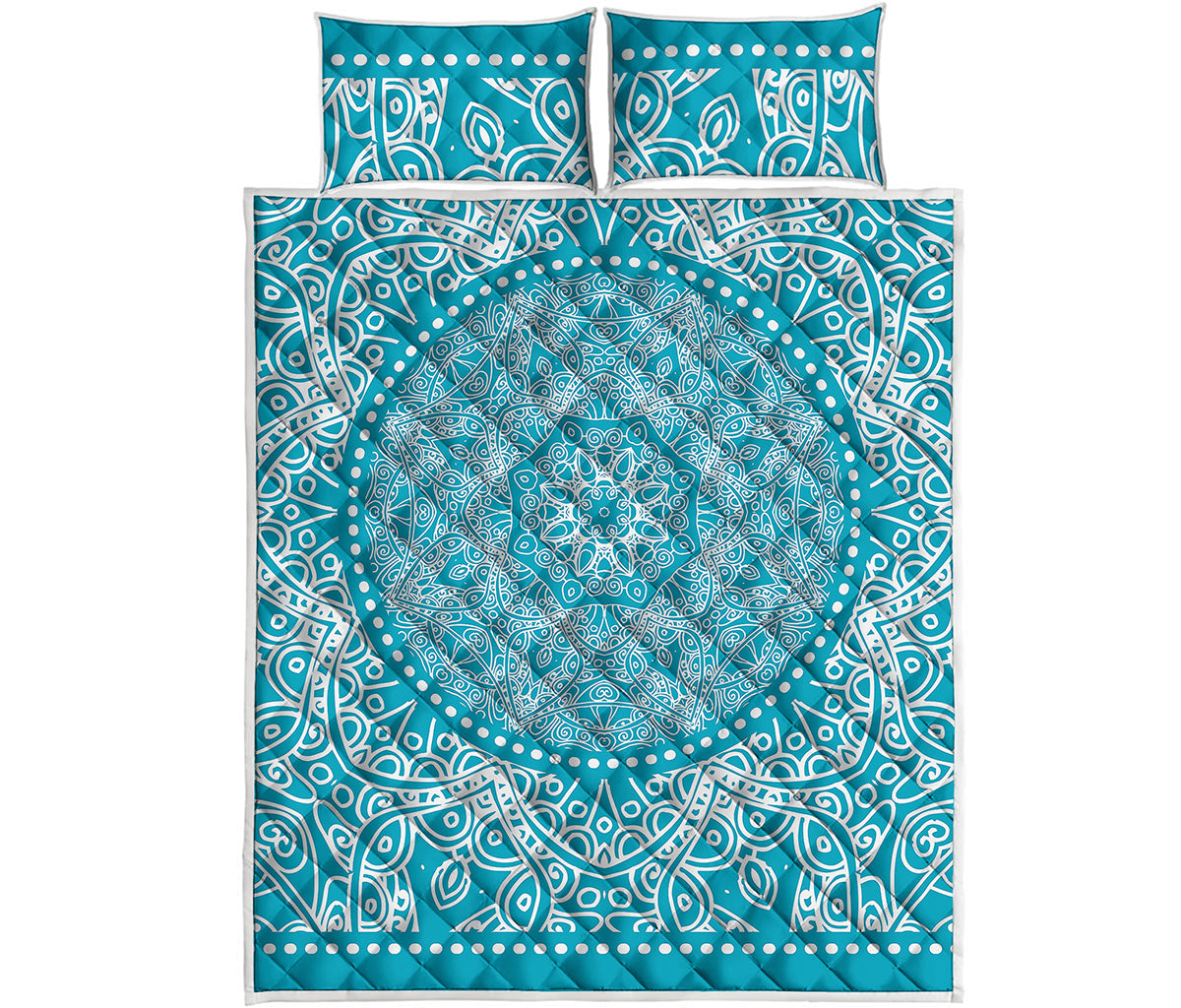Teal And White Mandala Print Quilt Bed Set