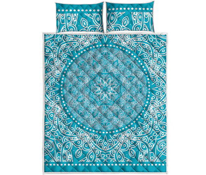 Teal And White Mandala Print Quilt Bed Set