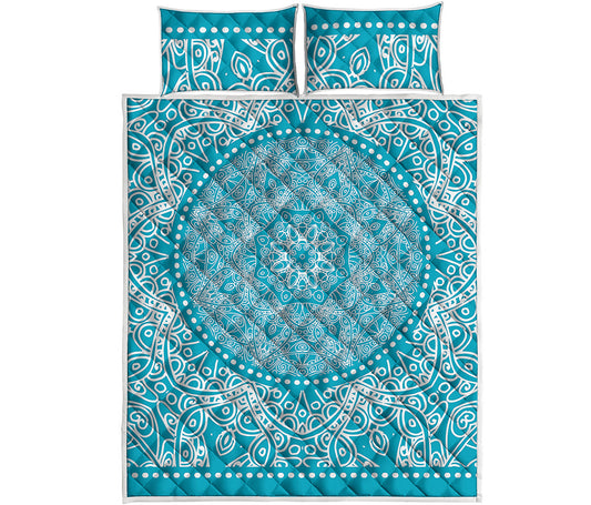 Teal And White Mandala Print Quilt Bed Set