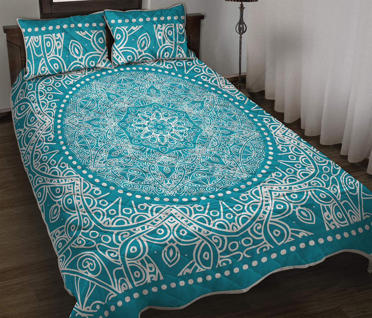Teal And White Mandala Print Quilt Bed Set