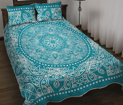 Teal And White Mandala Print Quilt Bed Set