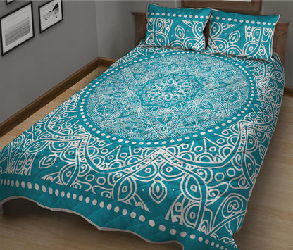 Teal And White Mandala Print Quilt Bed Set