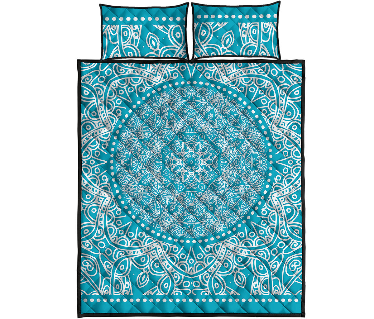 Teal And White Mandala Print Quilt Bed Set