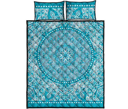 Teal And White Mandala Print Quilt Bed Set