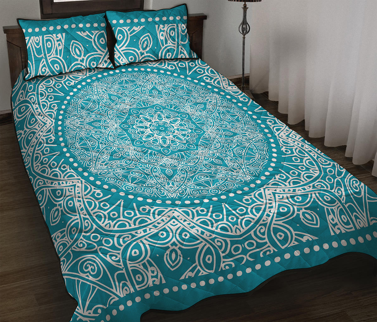 Teal And White Mandala Print Quilt Bed Set
