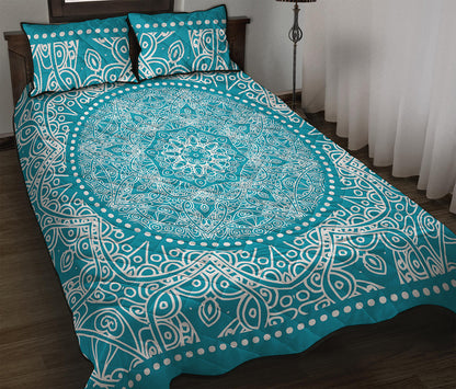 Teal And White Mandala Print Quilt Bed Set