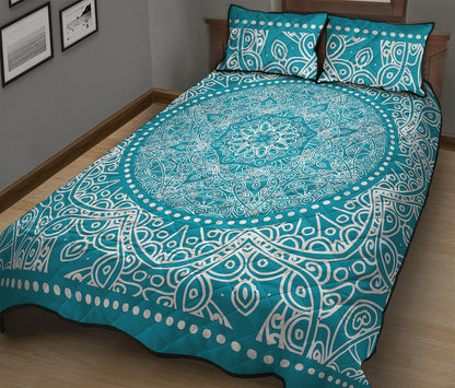 Teal And White Mandala Print Quilt Bed Set