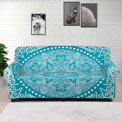 Teal And White Mandala Print Sofa Cover