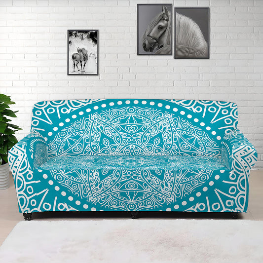 Teal And White Mandala Print Sofa Cover