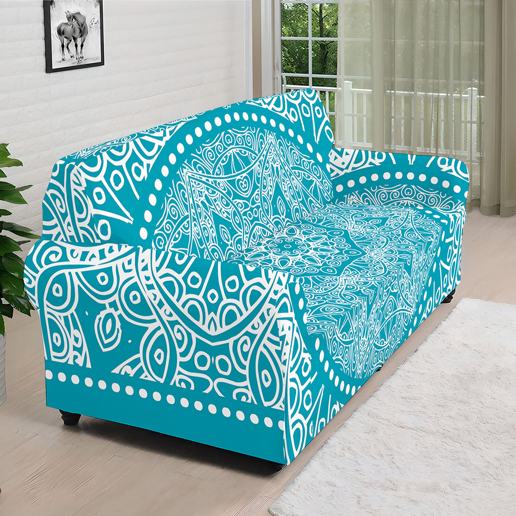Teal And White Mandala Print Sofa Cover