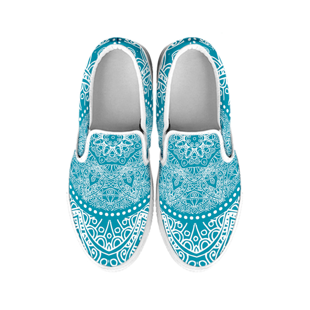 Teal And White Mandala Print White Slip On Shoes