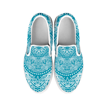 Teal And White Mandala Print White Slip On Shoes