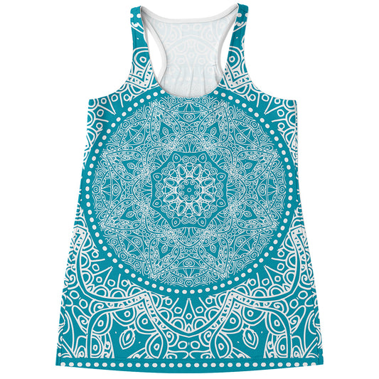 Teal And White Mandala Print Women's Racerback Tank Top