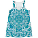 Teal And White Mandala Print Women's Racerback Tank Top