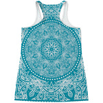 Teal And White Mandala Print Women's Racerback Tank Top