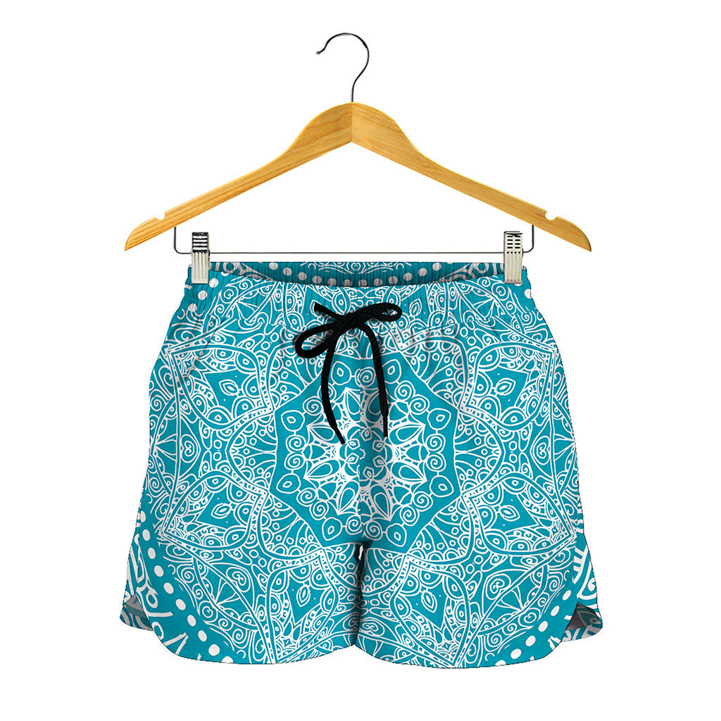 Teal And White Mandala Print Women's Shorts