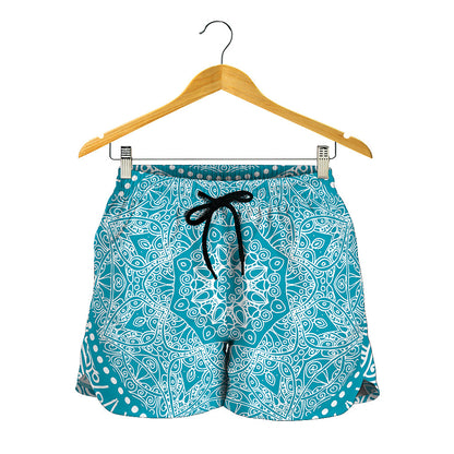 Teal And White Mandala Print Women's Shorts
