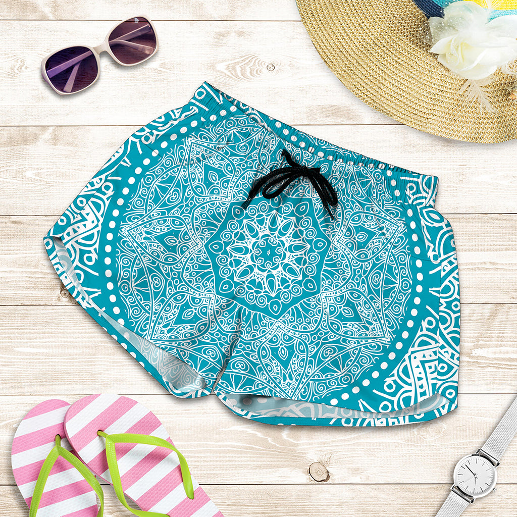Teal And White Mandala Print Women's Shorts