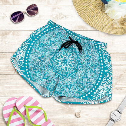 Teal And White Mandala Print Women's Shorts
