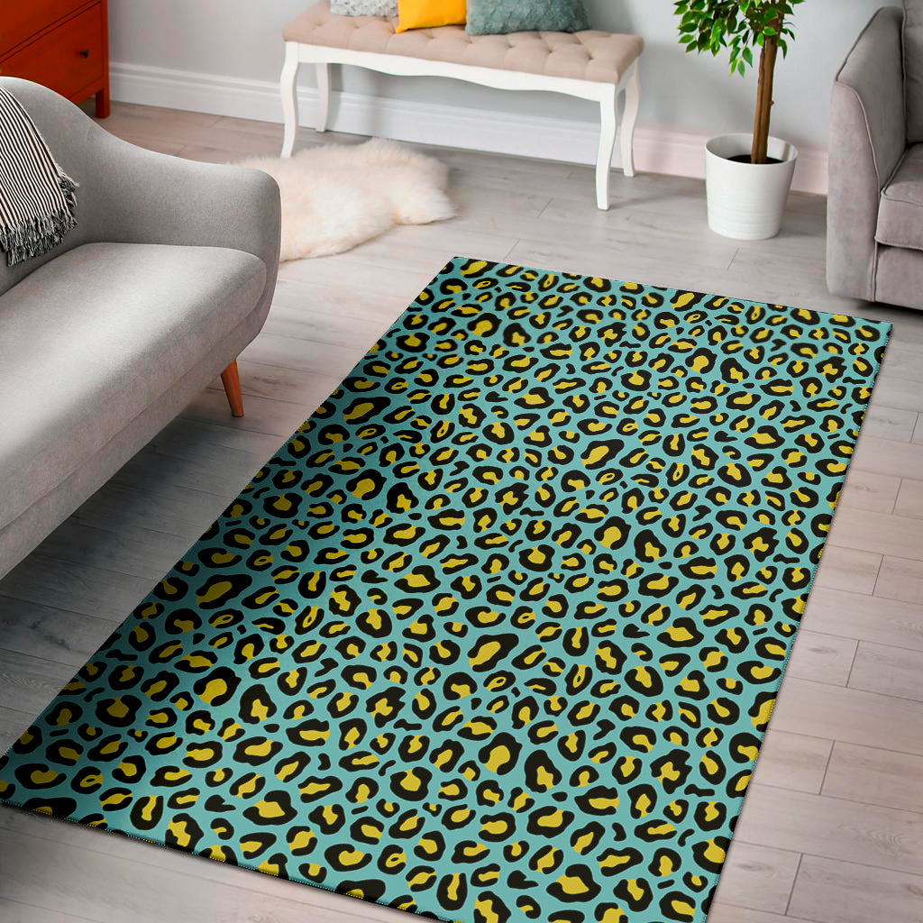 Teal And Yellow Leopard Pattern Print Area Rug