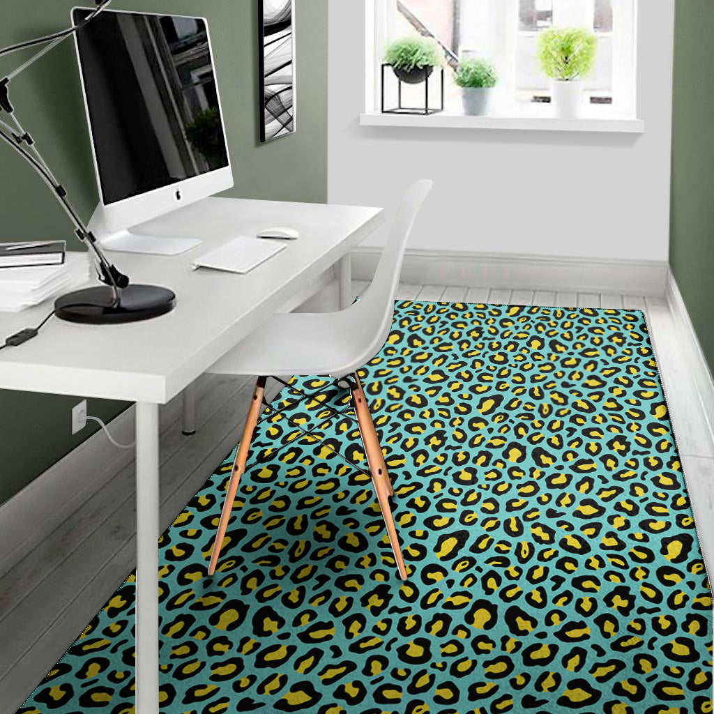 Teal And Yellow Leopard Pattern Print Area Rug