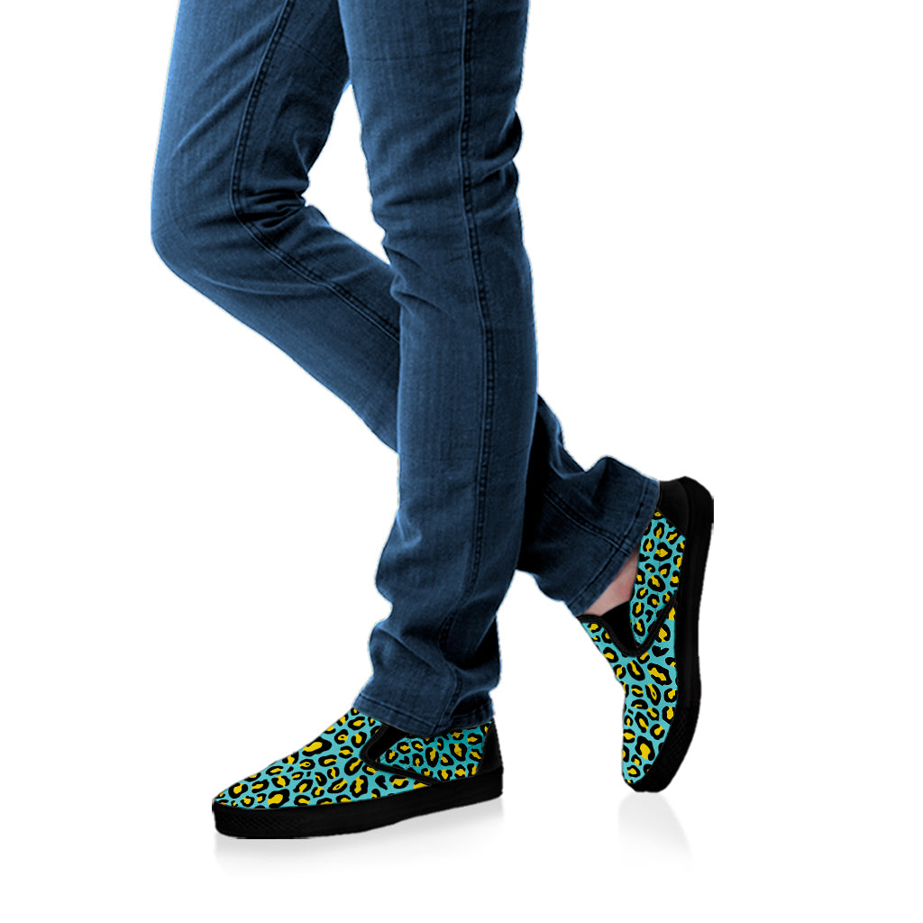Teal And Yellow Leopard Pattern Print Black Slip On Shoes