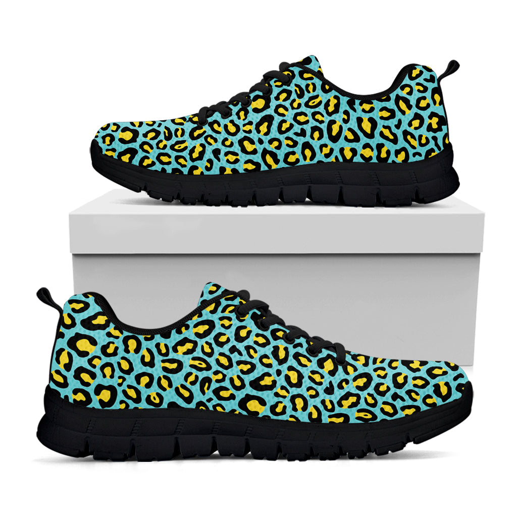 Teal And Yellow Leopard Pattern Print Black Sneakers