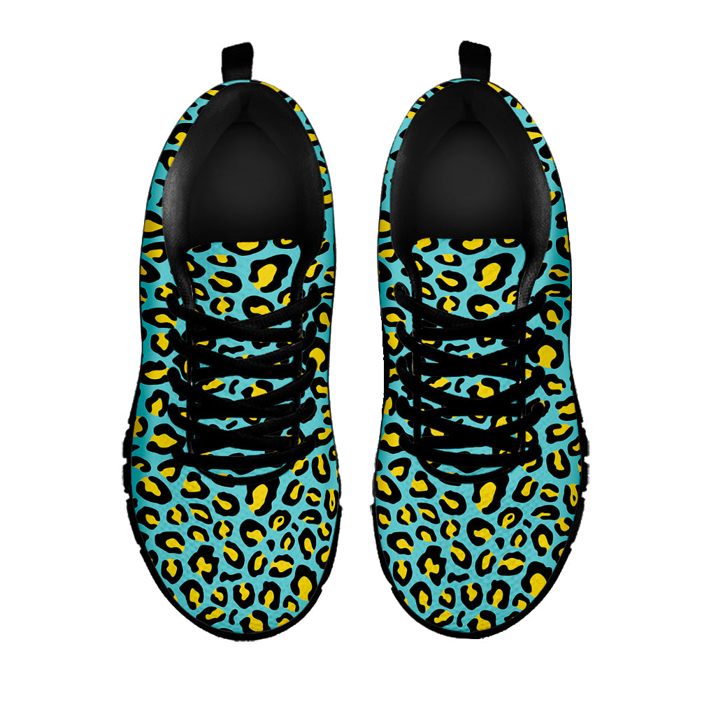 Teal And Yellow Leopard Pattern Print Black Sneakers