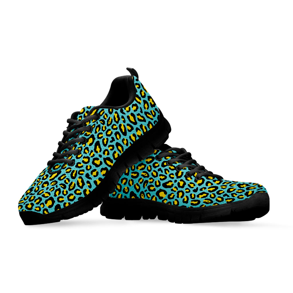 Teal And Yellow Leopard Pattern Print Black Sneakers