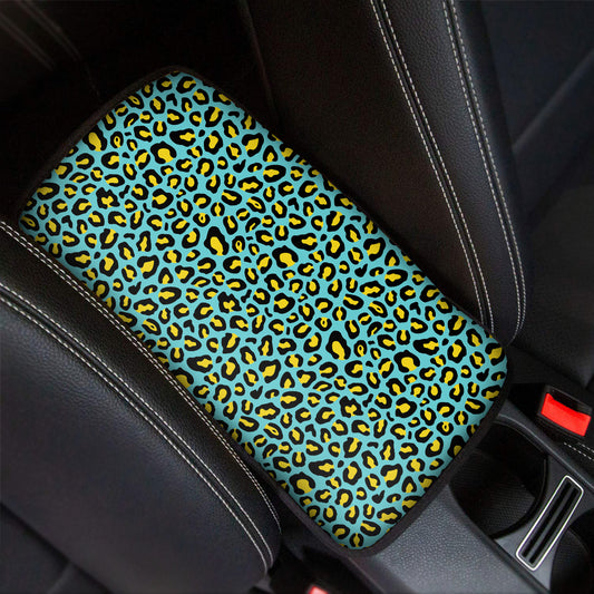 Teal And Yellow Leopard Pattern Print Car Center Console Cover