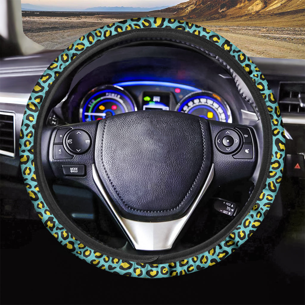 Teal And Yellow Leopard Pattern Print Car Steering Wheel Cover