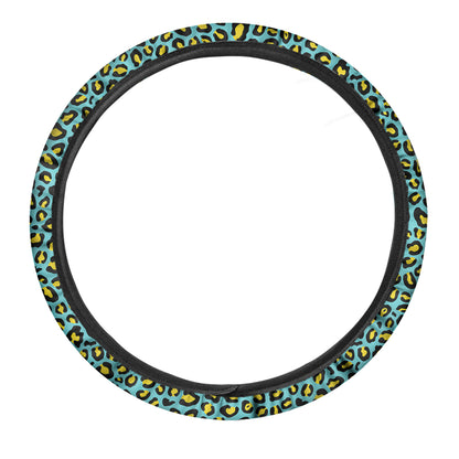 Teal And Yellow Leopard Pattern Print Car Steering Wheel Cover