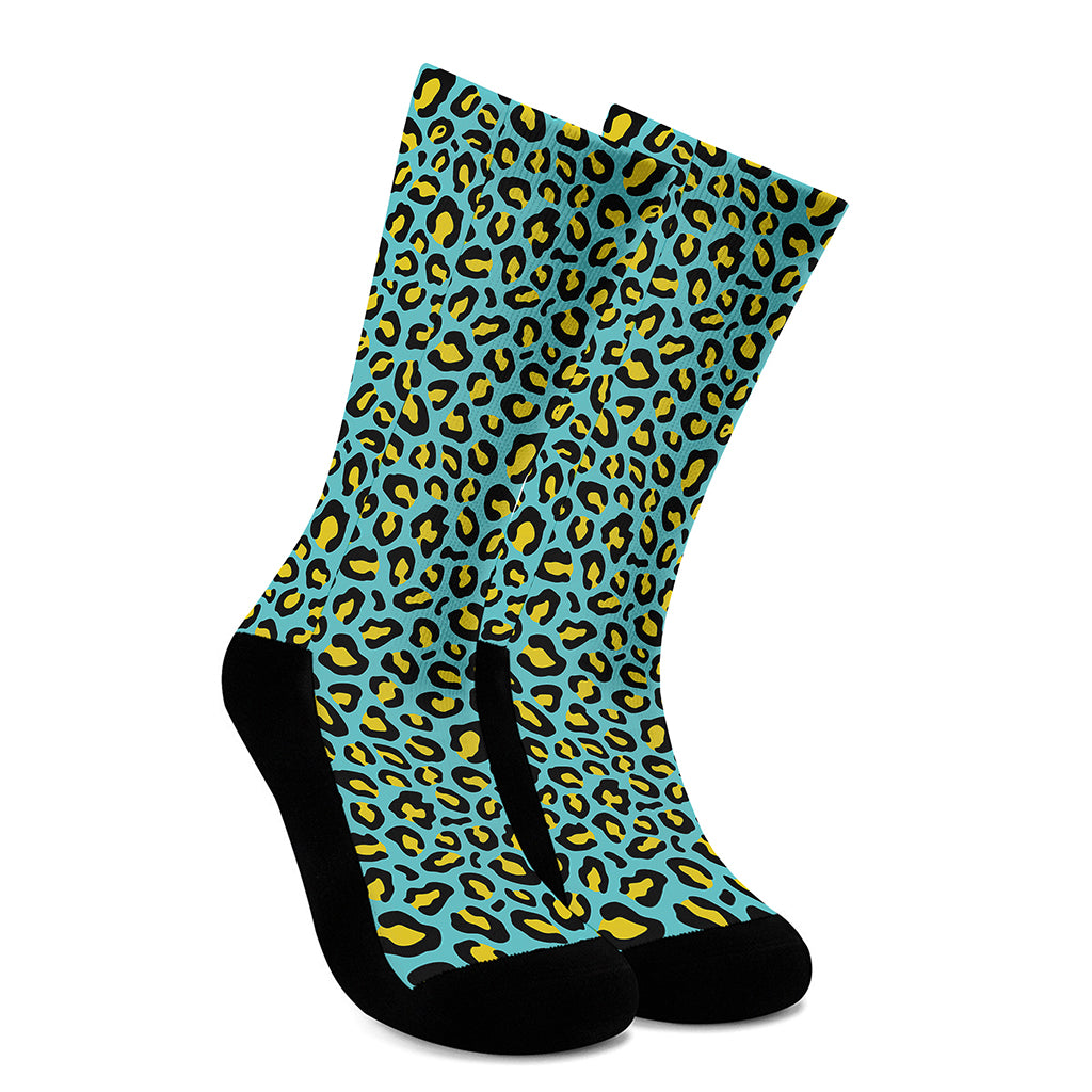 Teal And Yellow Leopard Pattern Print Crew Socks