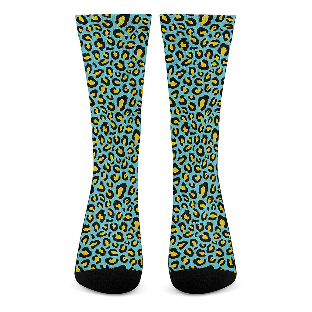 Teal And Yellow Leopard Pattern Print Crew Socks