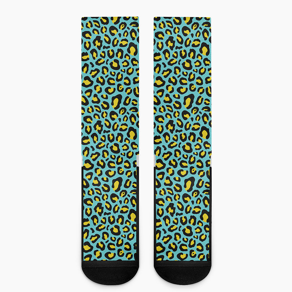 Teal And Yellow Leopard Pattern Print Crew Socks