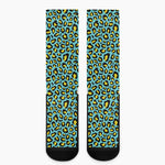 Teal And Yellow Leopard Pattern Print Crew Socks