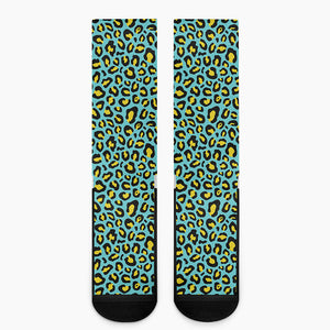 Teal And Yellow Leopard Pattern Print Crew Socks