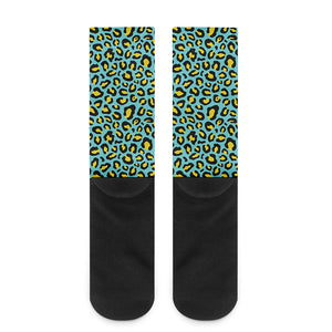 Teal And Yellow Leopard Pattern Print Crew Socks