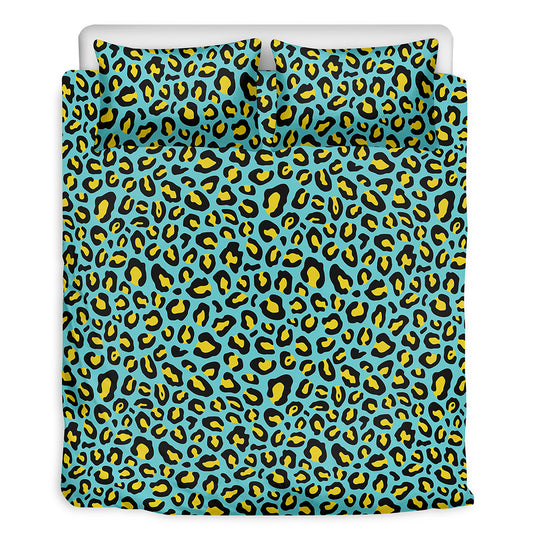 Teal And Yellow Leopard Pattern Print Duvet Cover Bedding Set