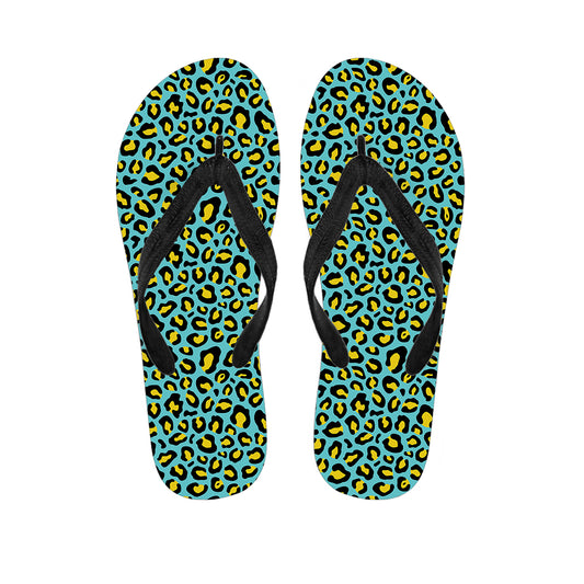 Teal And Yellow Leopard Pattern Print Flip Flops