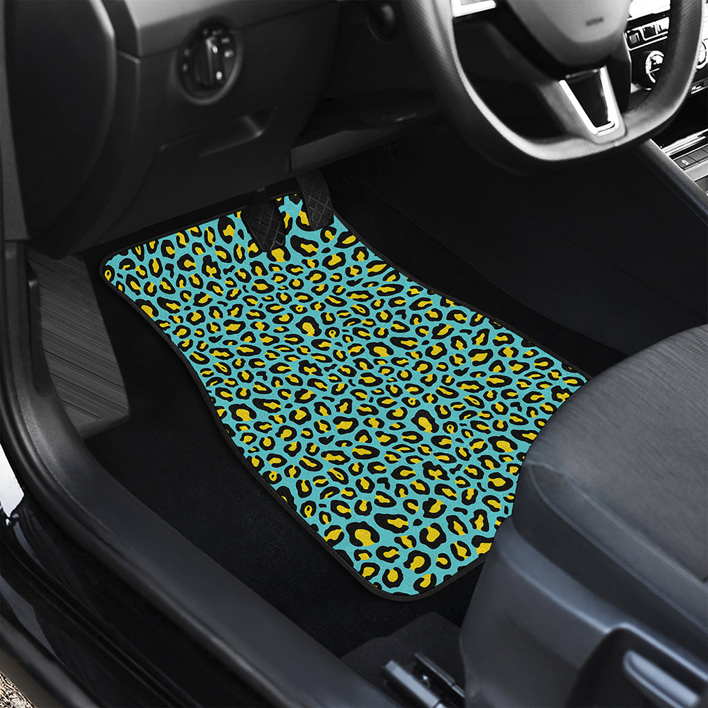 Teal And Yellow Leopard Pattern Print Front and Back Car Floor Mats