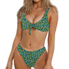 Teal And Yellow Leopard Pattern Print Front Bow Tie Bikini