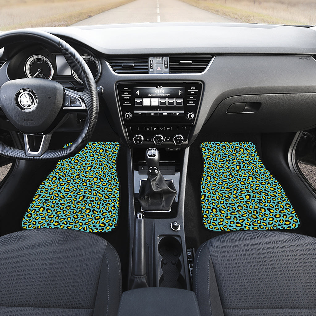 Teal And Yellow Leopard Pattern Print Front Car Floor Mats