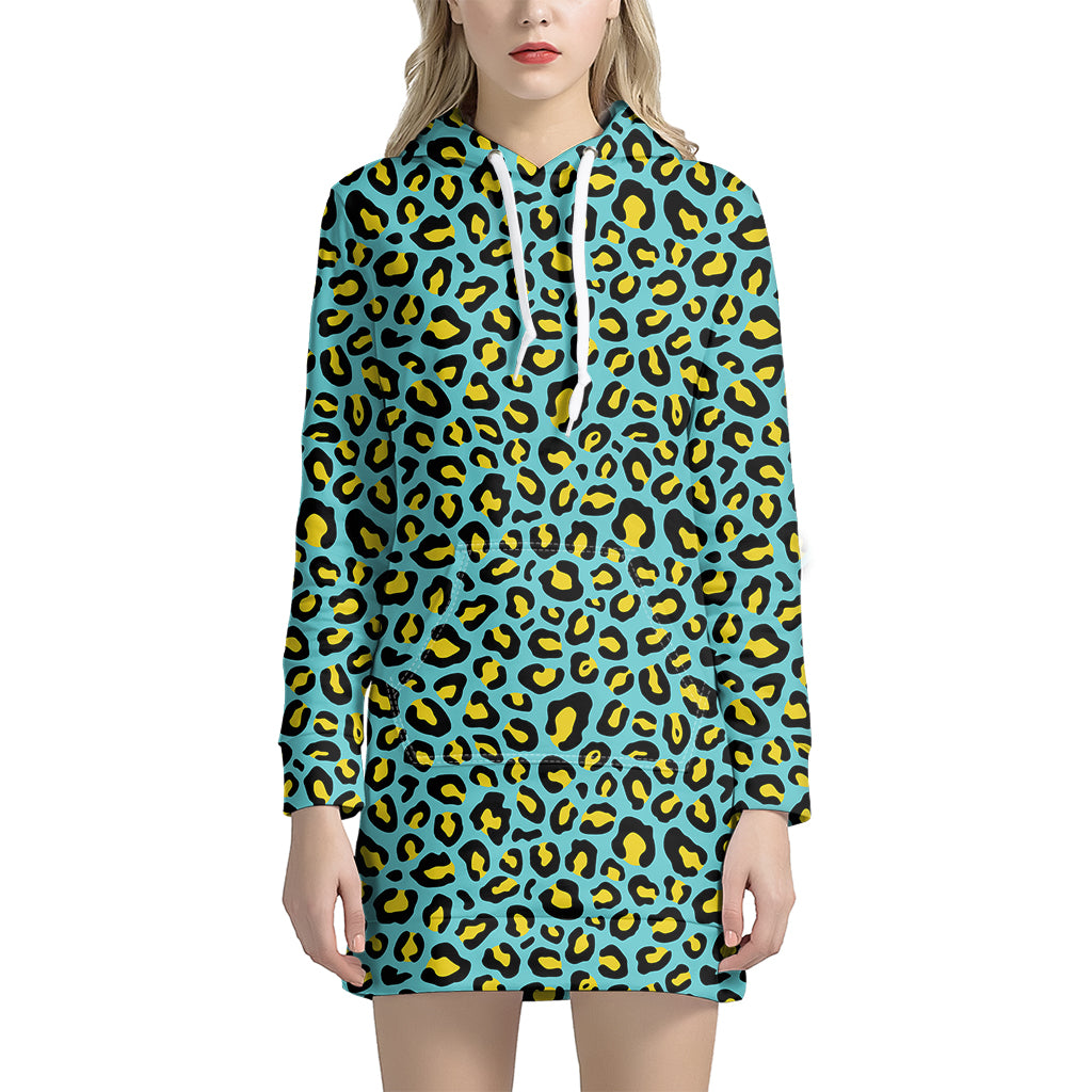 Teal And Yellow Leopard Pattern Print Hoodie Dress