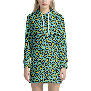 Teal And Yellow Leopard Pattern Print Hoodie Dress