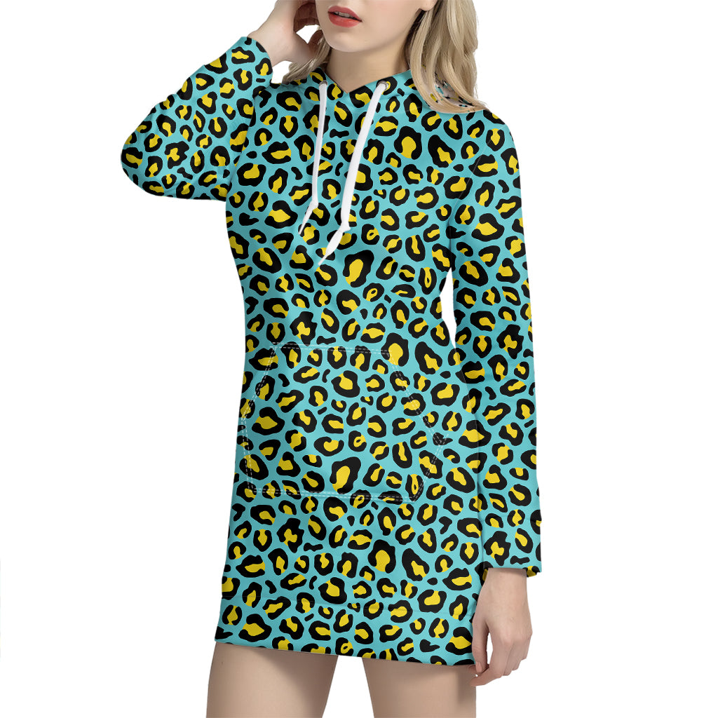 Teal And Yellow Leopard Pattern Print Hoodie Dress