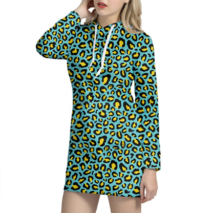 Teal And Yellow Leopard Pattern Print Hoodie Dress