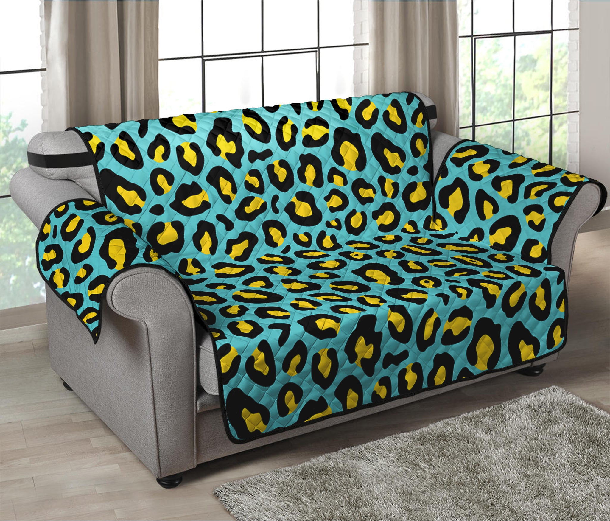 Teal And Yellow Leopard Pattern Print Loveseat Protector